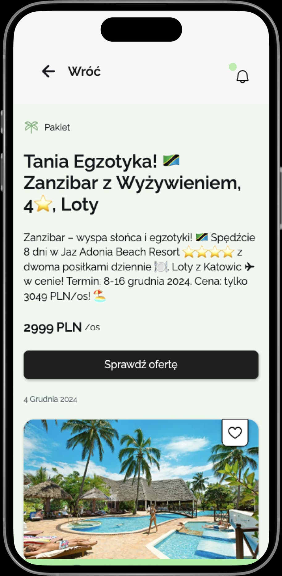Ekran aplikacji PakujWalizki.pl z ofertą wakacyjną